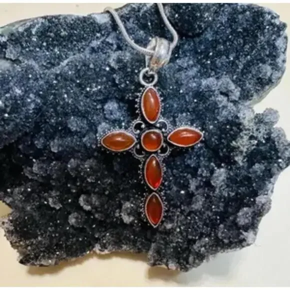 925 Sterling Silver Carnelian cross Necklace Gemstone Womens Jewelry handmade - Picture 6 of 10